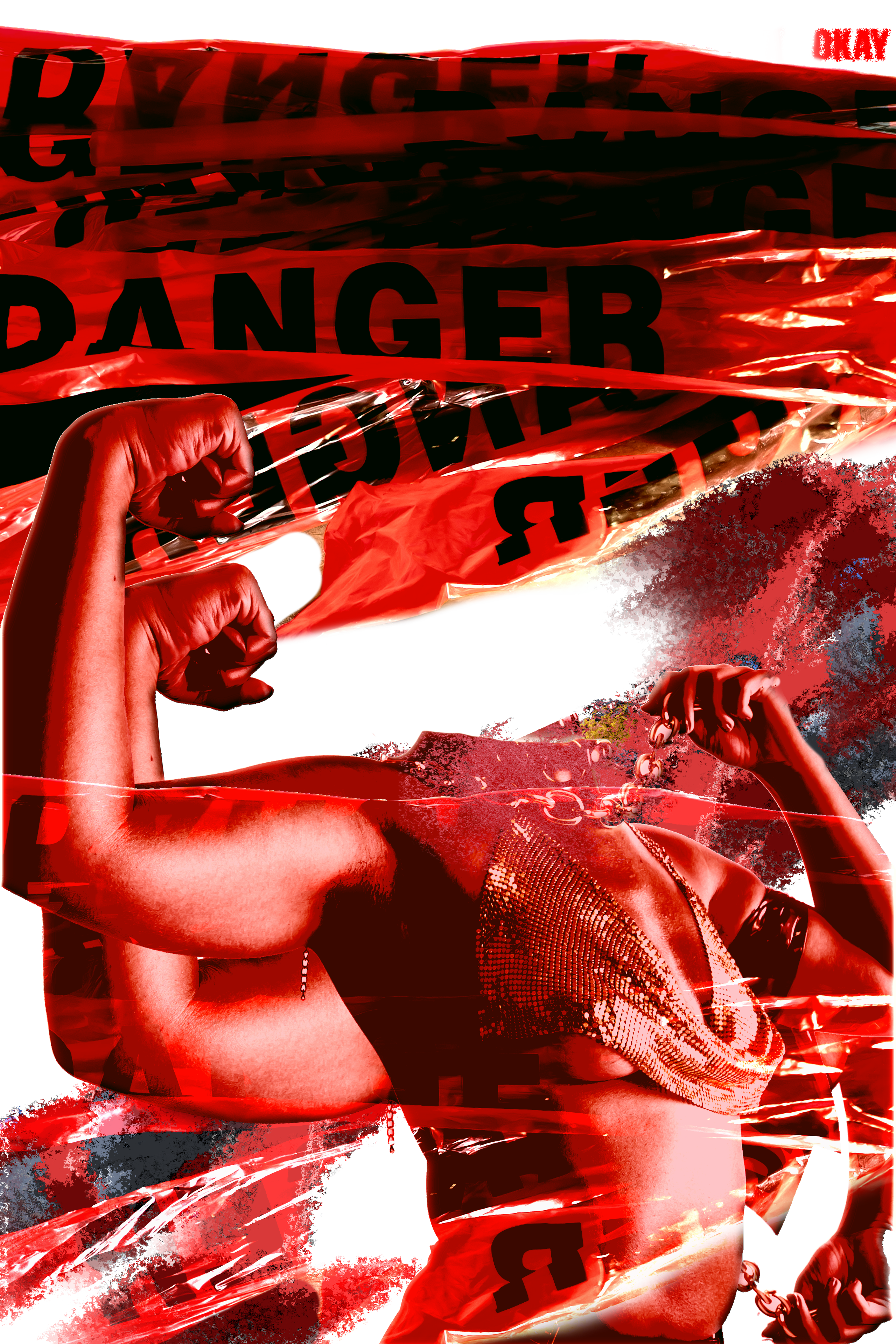Red and black 'DANGER' tape over a person lying on the ground with a blurred background.
