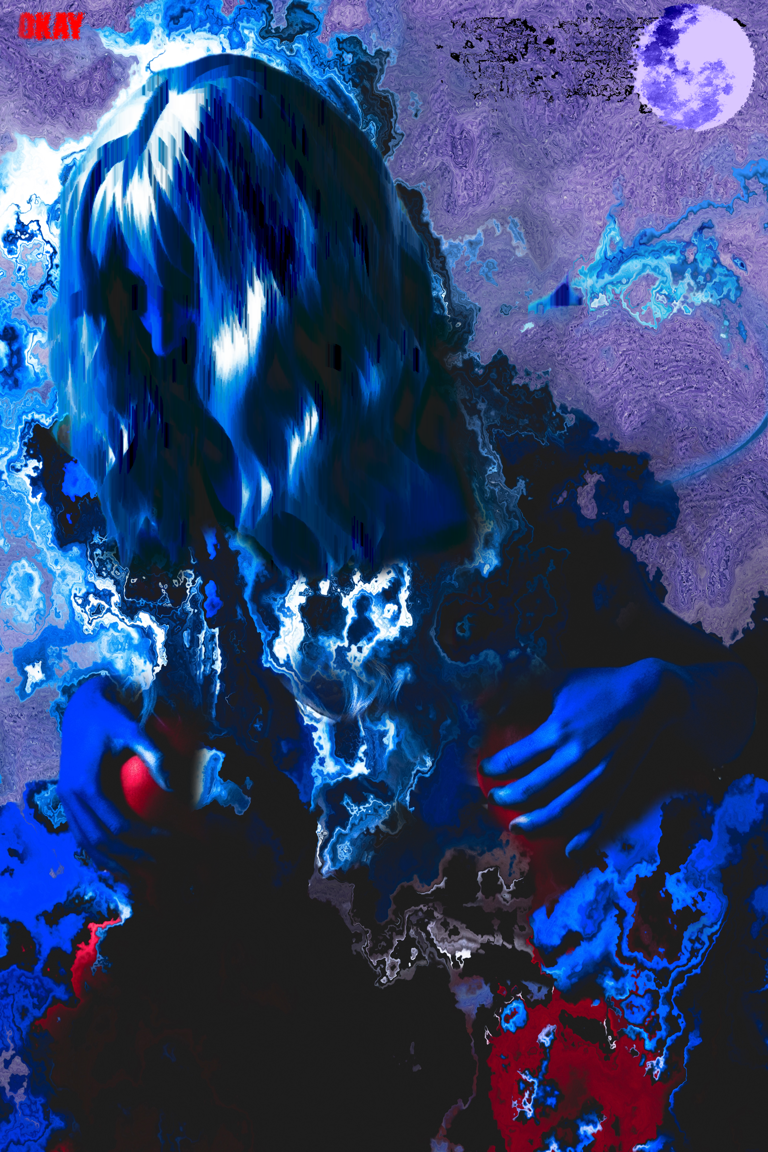 Abstract artwork with blue and purple hues, featuring a face-like shape and red elements.