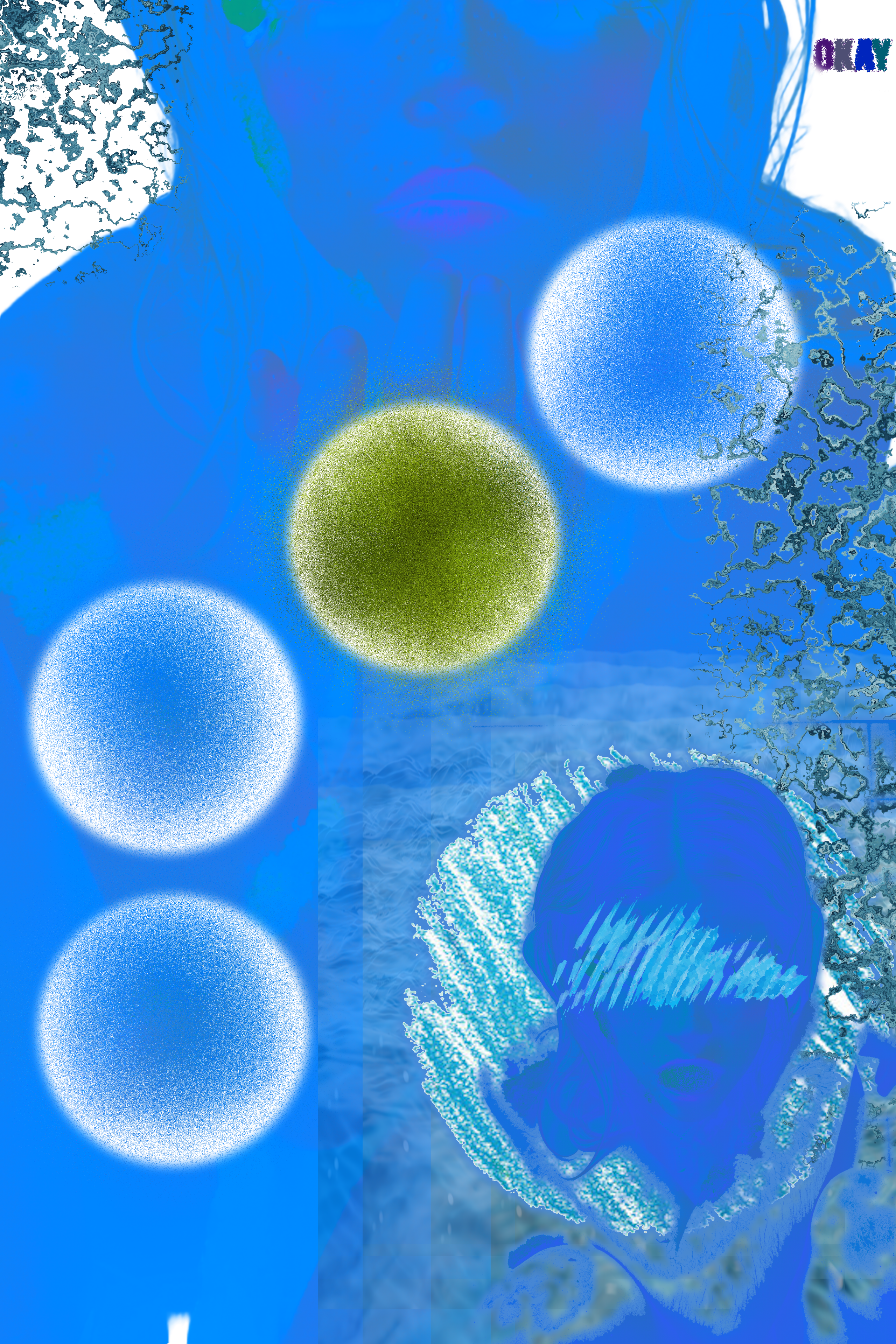 Artistic depiction of a virus with blue and green colors, featuring the Olay logo.