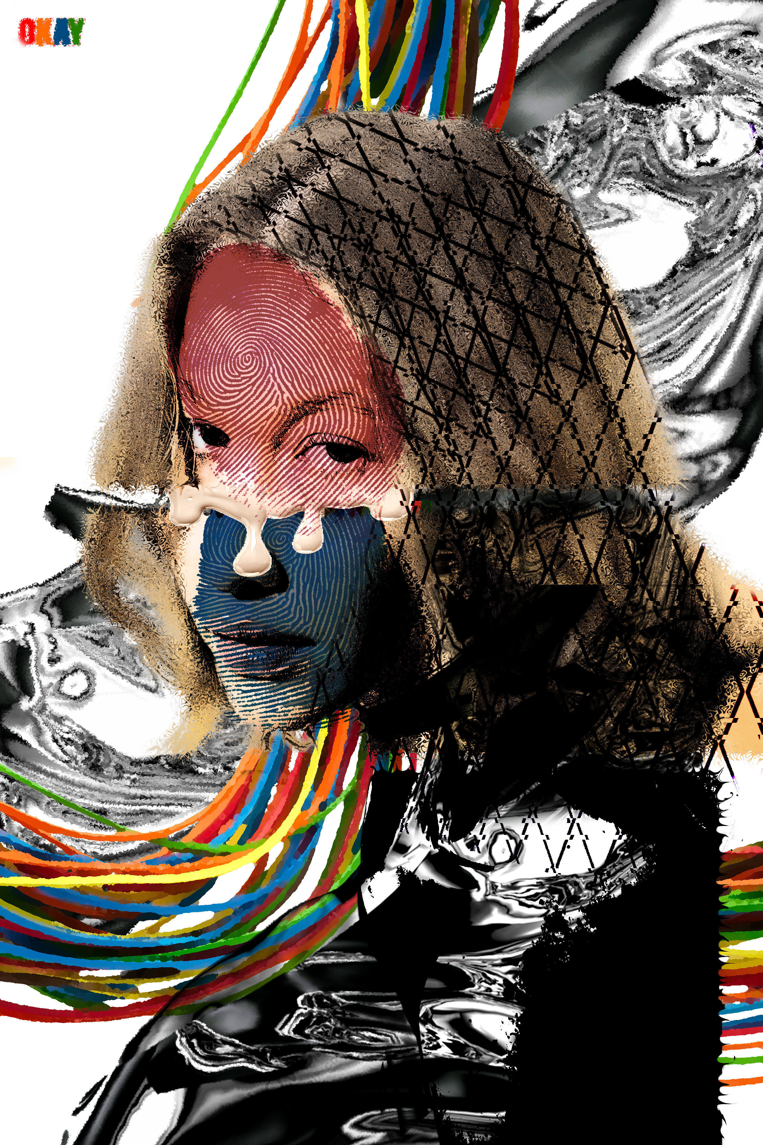 Collage with abstract elements including a face, colorful ribbons, and metallic textures.
